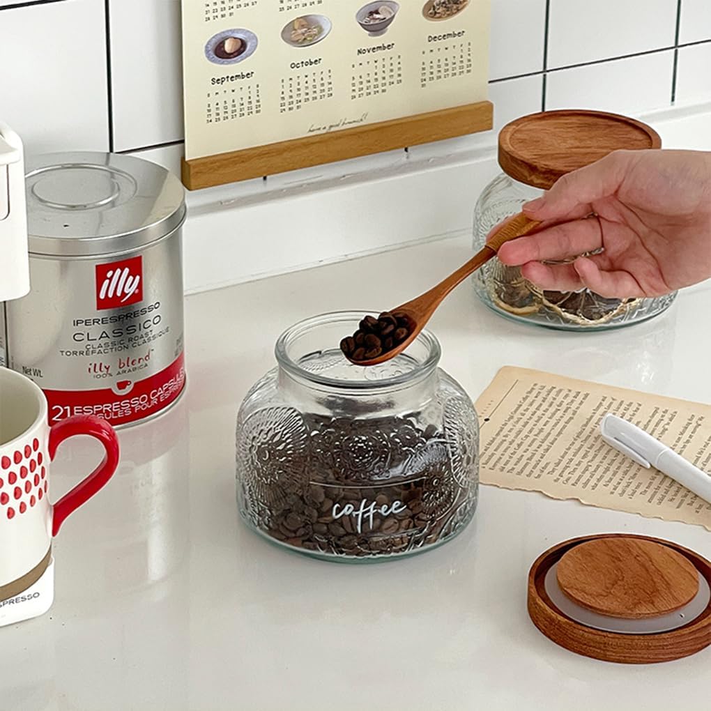 ANSQU Vintage Glass Food Storage Jar, Glass Jar with Wooden Lid, 25.4 FL OZ Decorative Glass Jar for Home Kitchen, Holds Coffee, Candy, Cookie, Sugar (Large Flower) - Image 3