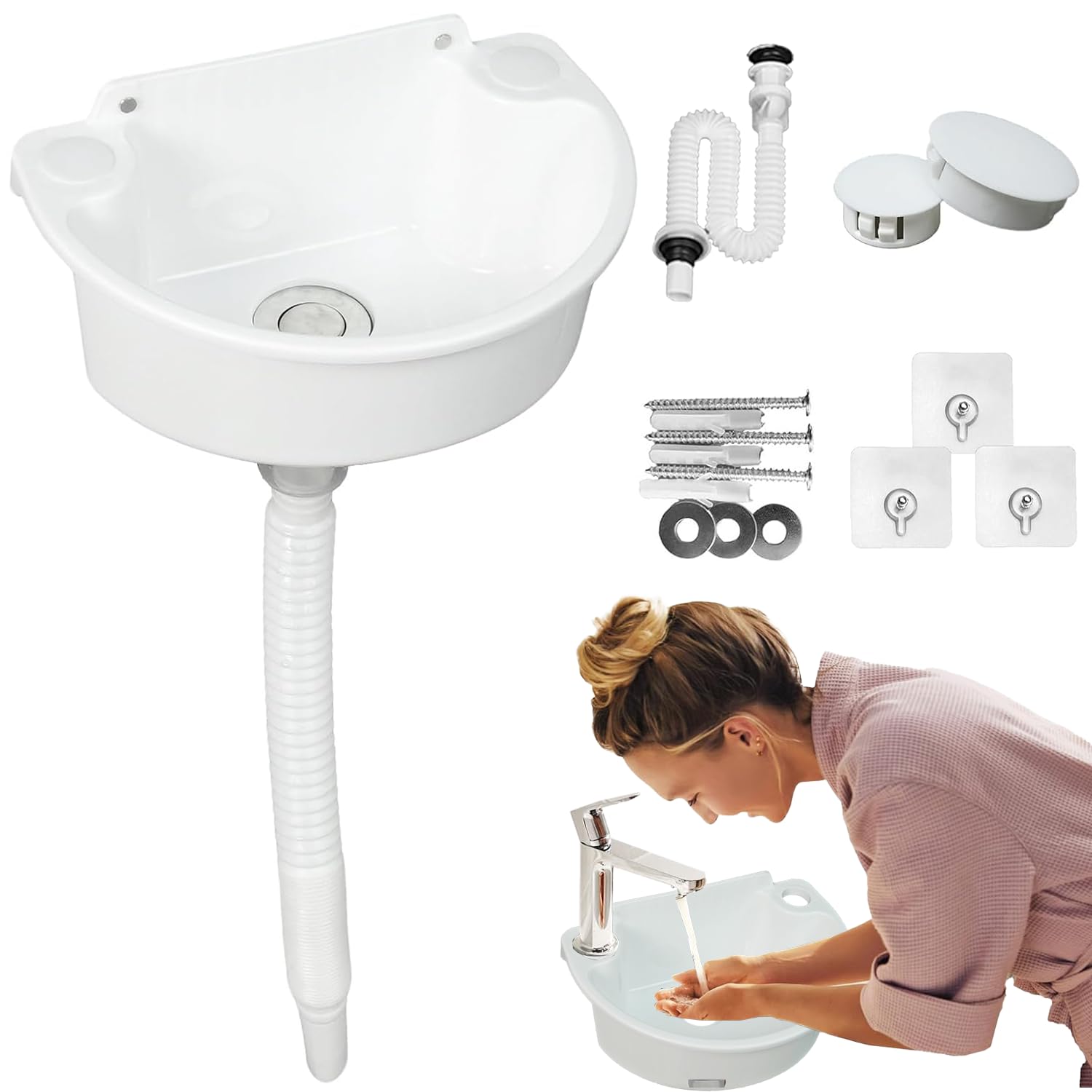 Small Plastic Sink, Hanging Sink with Hose and Drain Plug and Drainage Accessories, Semi-Circle Curved Sink for Camping, Garden, Basement, Construction Sites Toilet