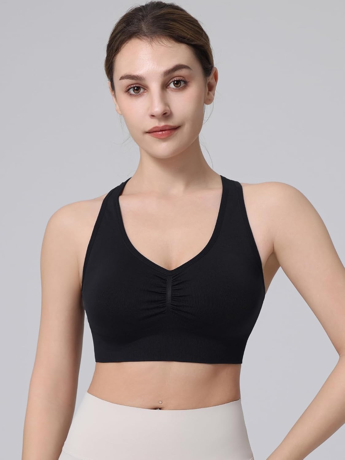 Ruched Sports Bra for Women Racerback V-Neck Workout Bras Padded Seamless Longline Yoga Bra - Image 3