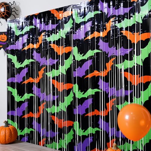 2 Stück Halloween Lametta Vorhänge, Grün Orange Lila Glitzer Luftschlangen Vorhänge Party Hintergrund Fotowand Folien Fransen für Halloween Geburtstagsfeie Disco Party (200cm×100cm)