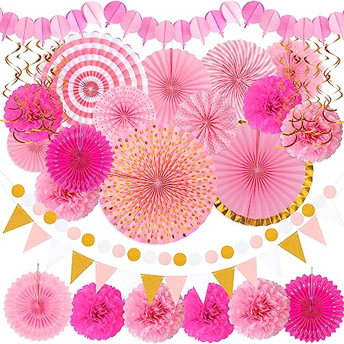 Image of Moon Boat 35PCS Party Decorations Paper Fan Hanging Set - Birthday,Bridal /Baby Shower,Bachelorette,Wedding Decor (Pink)