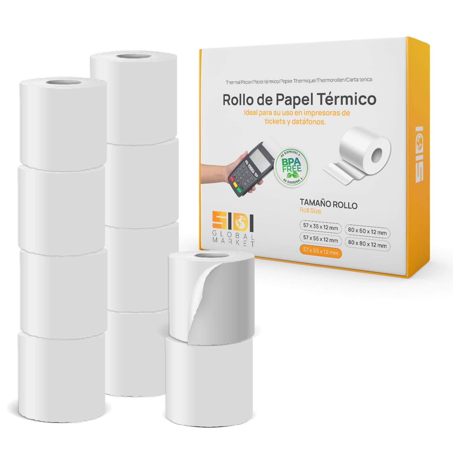 Rolka termiczna, rolki papieru termicznego, papier termiczny do hostelerii tpv, kasa fiskalna, drukarka biletów, biała rolka papieru do drukarki i drukarki, rozmiar 57x65x12 - SIDI (80 sztuk)