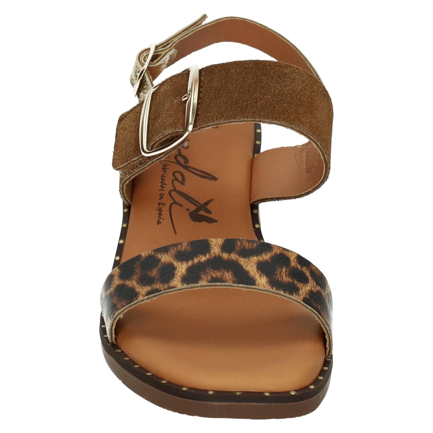 Sandali M863-T6120 Calzado de Piel Cuero Animal Print con tacón bajo, Doble sujeción y Plantilla Acolchada, Temporada Verano Mujer Sandalias