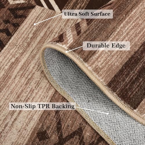 2x6 Runner Rug Distressed Vintage Rugs, Machine Washable Non-Slip Stain Resistant Rug for Dining Room Bedroom, Tribal Farmhouse Neutral Carpet Geometric Rug, Brown