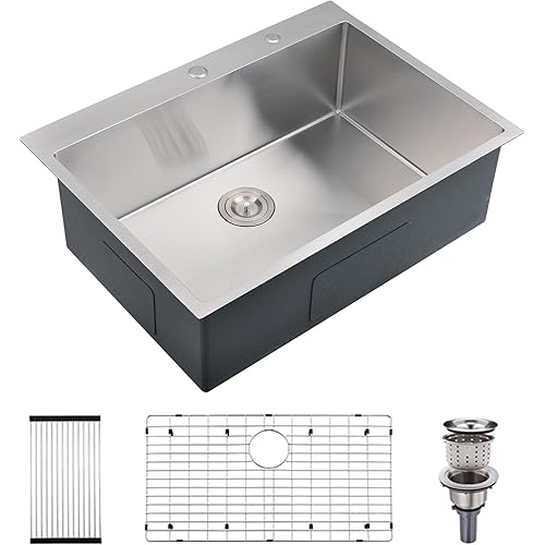 30 Inch Drop in Kitchen Sink Stainless Steel, 30 x 22 Inch Drop in Kitchen Sink Single Bowl 16 Gauge 2 Holes Handmade Deep Overmount