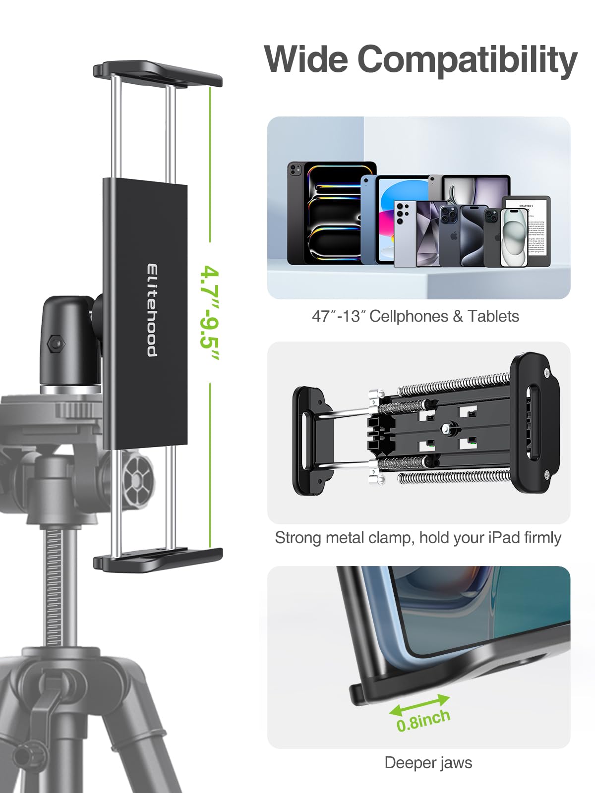 Elitehood Trípode de Cámara Móvil, Soporte Cámara para Grabación de Vídeo, Trípode para iPad Compatible con Tabletas de 4 a 12,9 Pulgadas