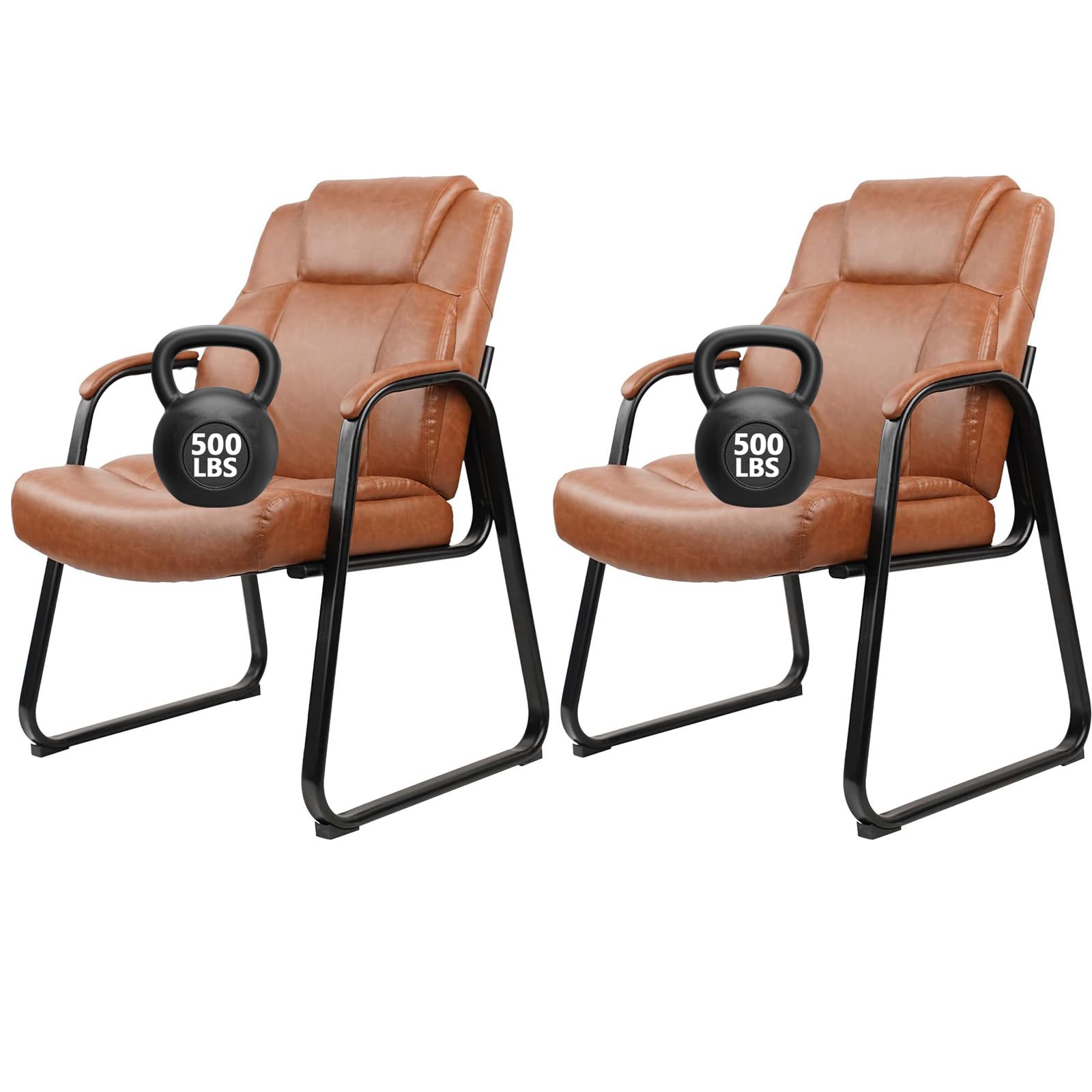 CLATINA Guest Chair Big &amp; Tall 500 lbs, PU Leather Office Reception Chairs, Sled Base, No Wheels, Brown, Set of 2 for Waiting Room, Conference, Lobby, Living Room