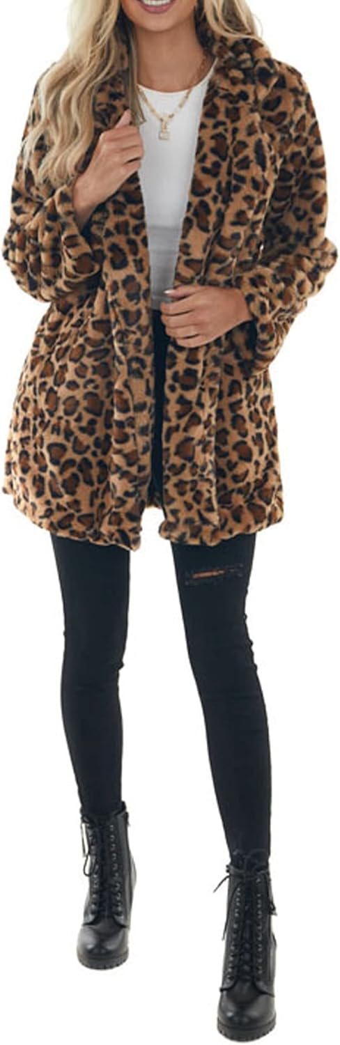 Sexyshine Women's Leopard Print Faux Fur Coat Winter Fall Lapel Collar Fuzzy Fleece Fur Jackets with Pockets - Image 4