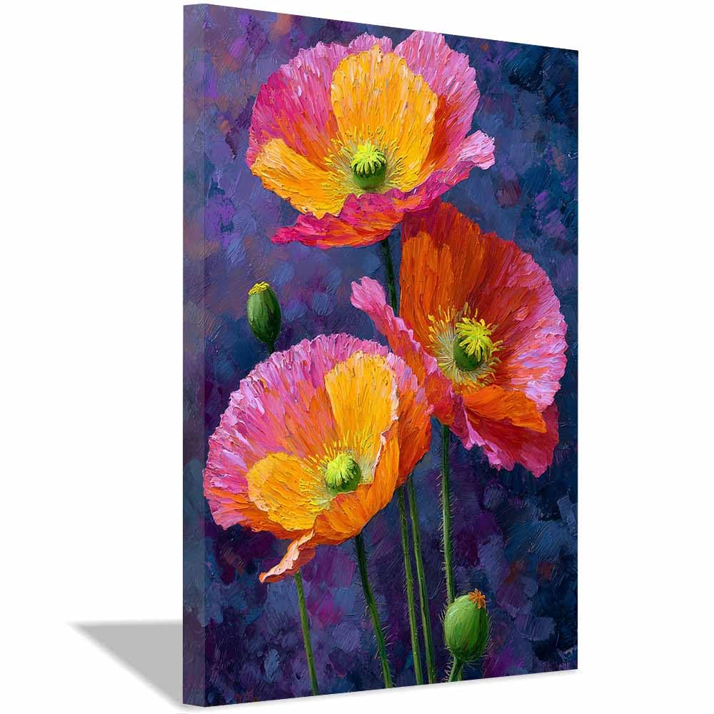 Hoqiu Multicolor Botanical Wall Art Vibrants Poppy Painting Pictures, Print Canvas Poster Decor For Living Room, Bathroom Canvas Art, For Bedroom Home Decoration.(Multicolor)-70X100cm Framed