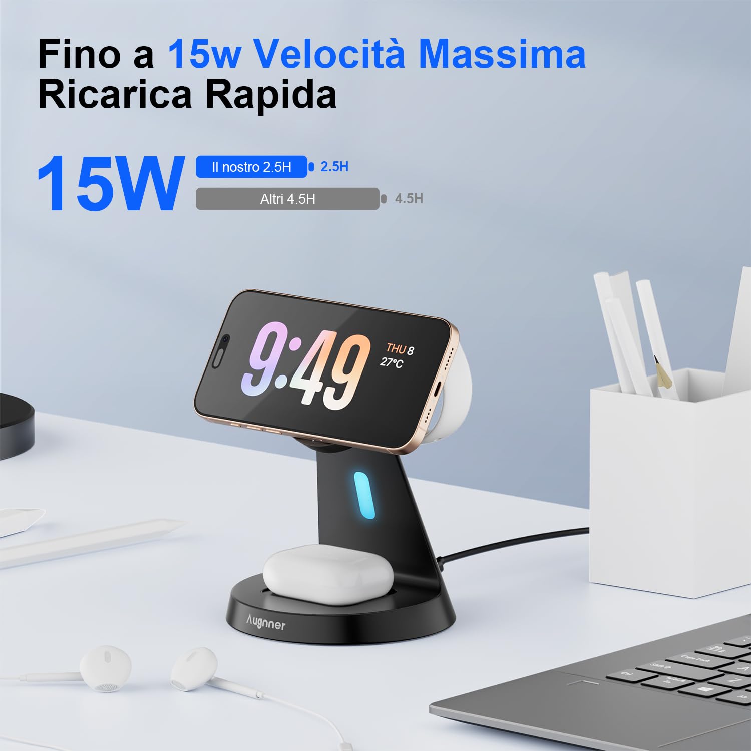 Caricatore Wireless per iPhone, 3 in 1 Stazione di Ricarica con MagSafe per iPhone17/16/16 Pro/16 Pro Max /15/14/13/12, Caricatore Portatile Wireless per Apple Watch10/9/8/7/6, AirPods 2/3/4/Pro
