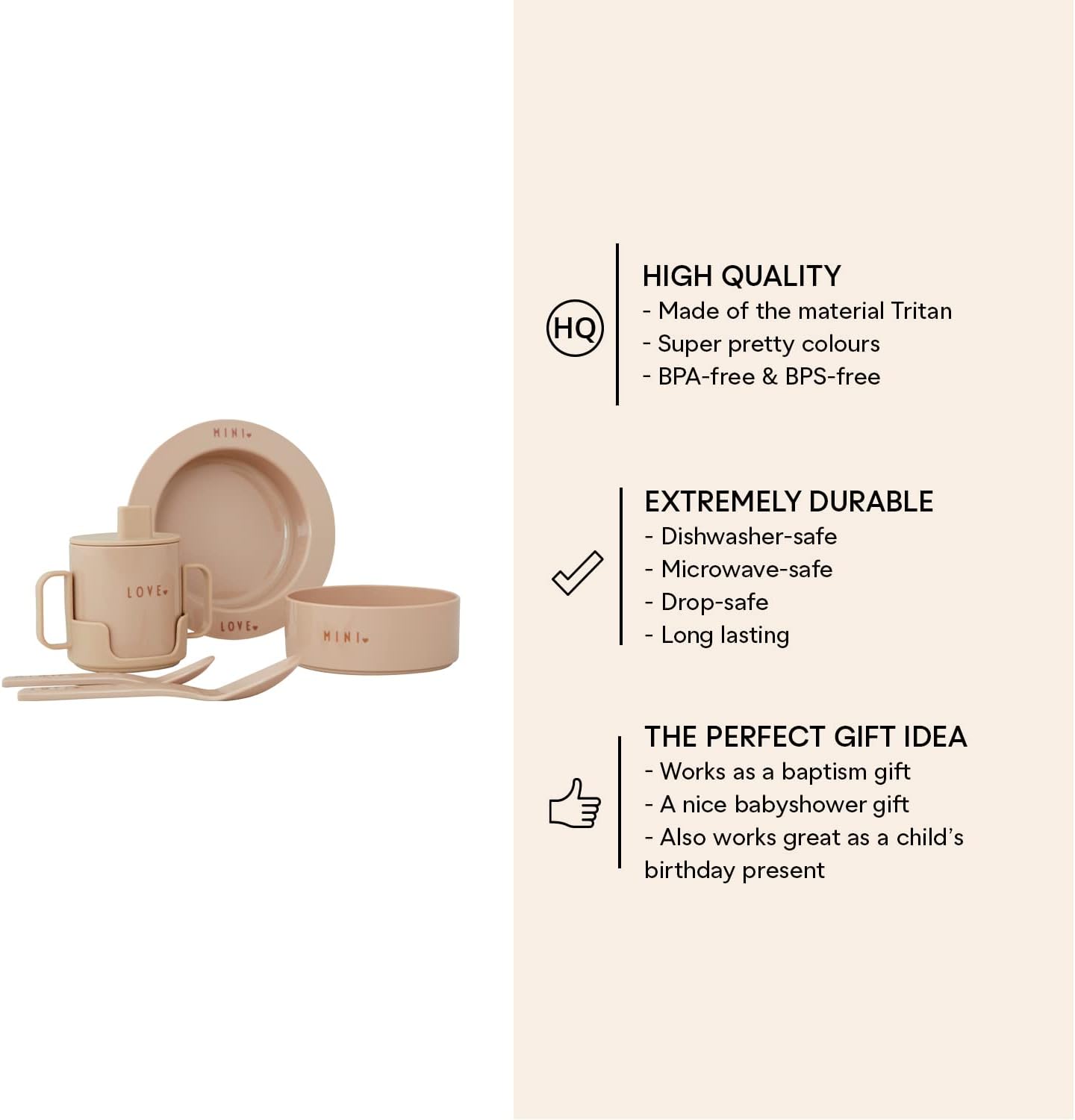 Design Letters Mini Favourite Starter Set Beige | Includes Sippy cups, suction baby bowl, kids deep plate, sippy cups lids, handle and 2 Spoons | BPA-free, BPS-free, drop-safe & dishwasher safe