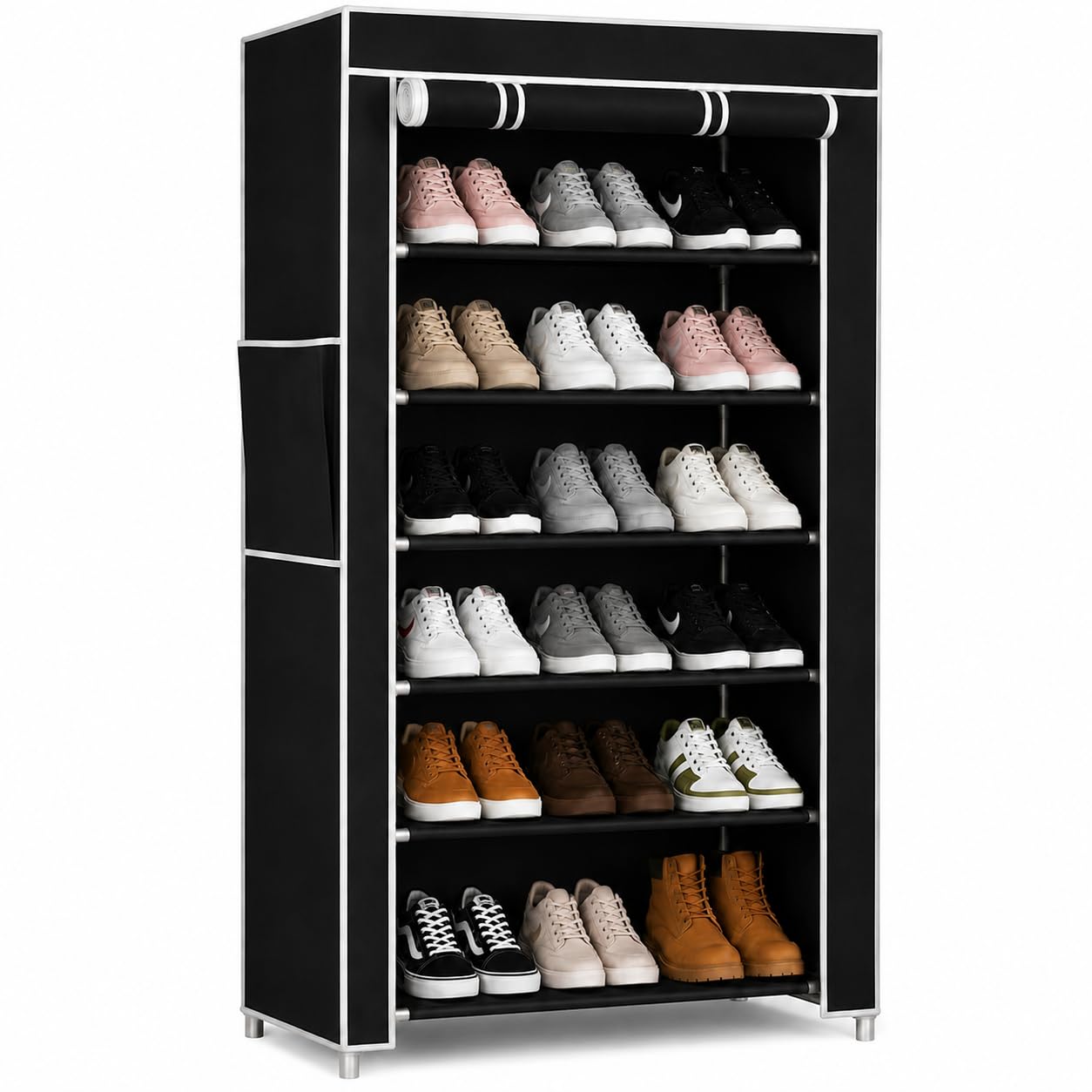EASY BUY Economy 6 Shelf Black Shoe Rack with Cover, Plastic Rack 6 Shelves with Zip Door Cover & Side Pocket | Dustproof Storage Organizer for Footwear, Clothes, Toy, Shoe Rack Plastic, Slipper Stand-image-17