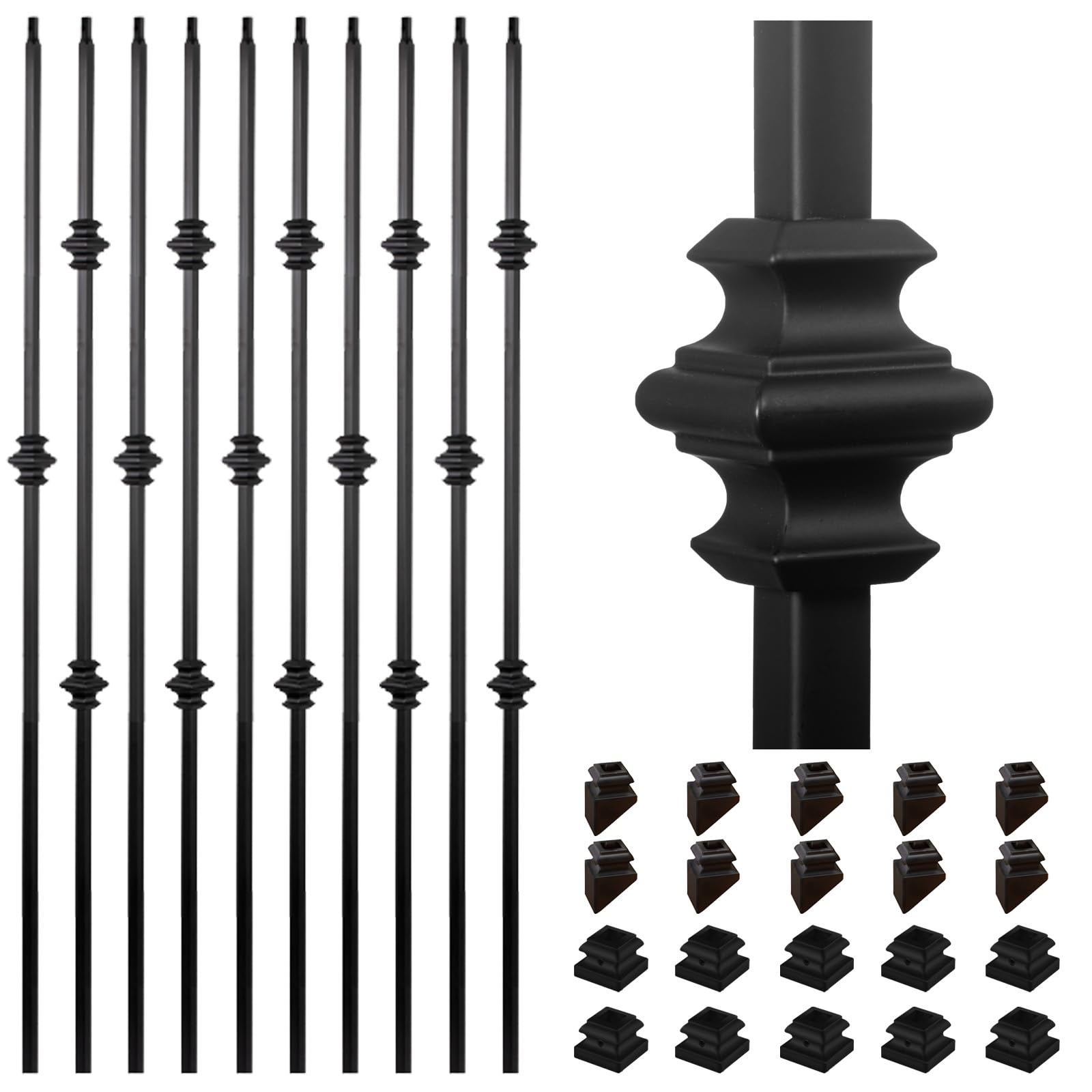 Photo 1 of 10 Pack Staircases Iron Balusters -1/2'' Square Hollow Metal Spindles with Single Knuckle and Double Knuckle Design, Includes 10 Flat Shoes & 10 Angle Shoes