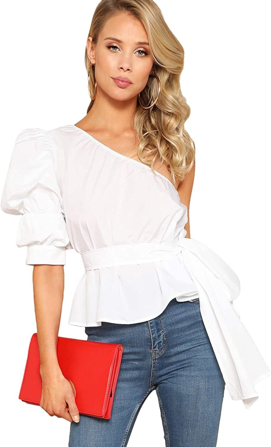 Romwe Women's One Shoulder Short Puff Sleeve Self Belted Solid Blouse Top