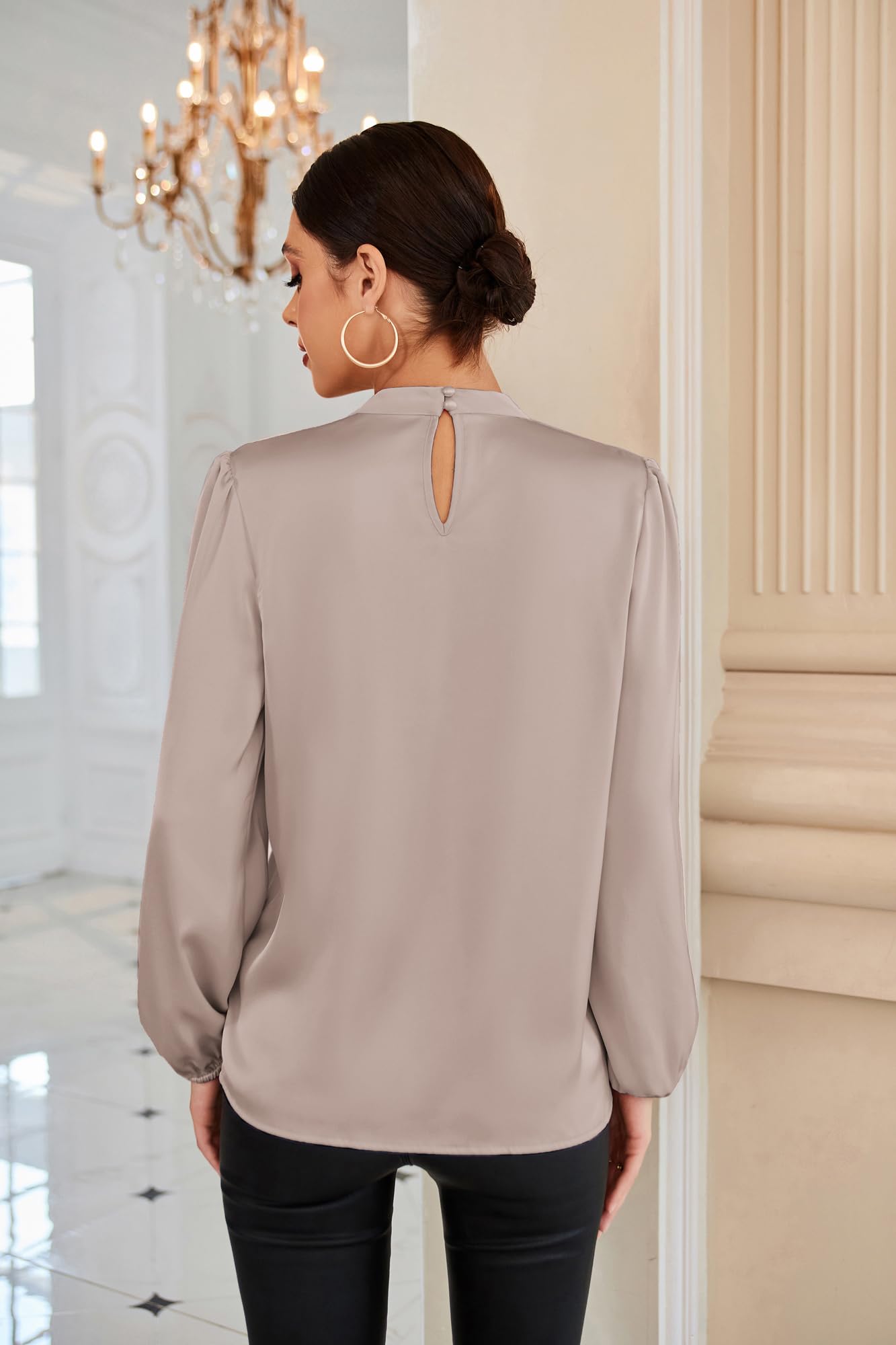 GRACE KARIN Blusa Elegante Donna Maniche Lunghe Tinta Unita con Bottoni Scollo a V da Ufficio Casual