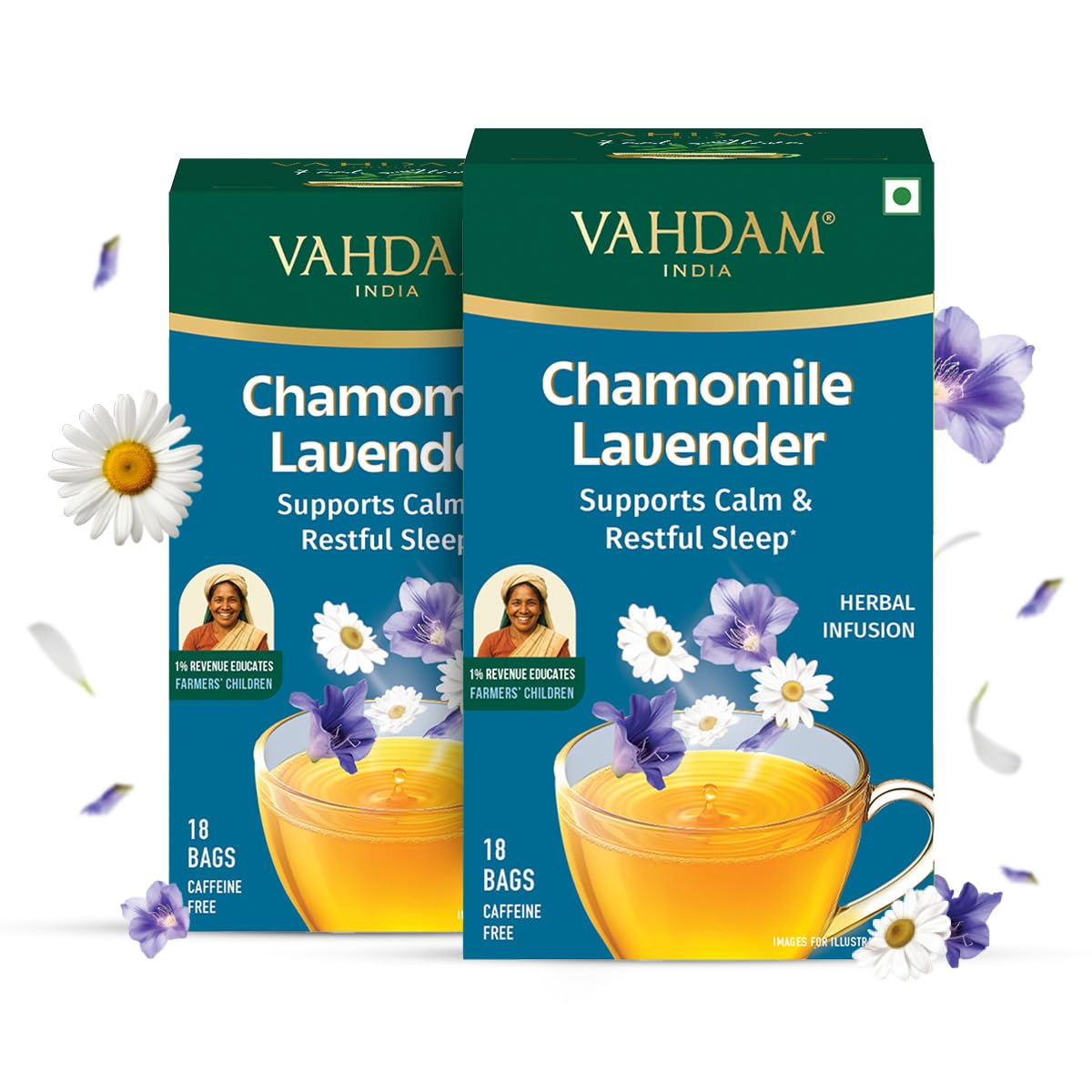VAHDAM Chamomile Lavender Herbal Infusion - 36 TB | Supports Calm & Restful Sleep | Non-Habit Forming | 8-Herb Caffeine Free Bedtime Tea | With Ashwagandha, Peppermint & Lemon Balm