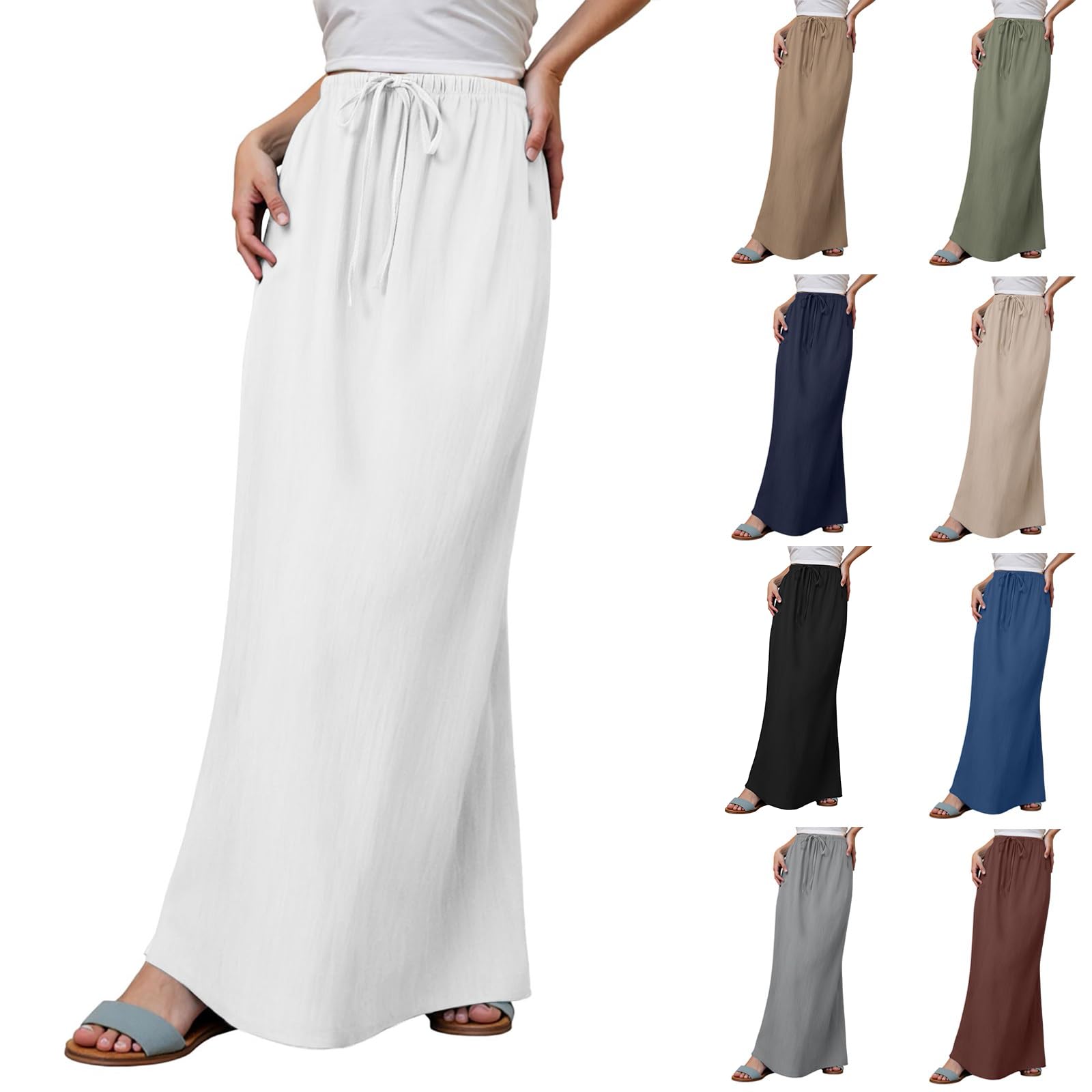 Womens Linen Maxi Skirt Drawstring Waist A Line Long Flowy Floor Length Trendy Boho Comfy Summer Beach Vacation