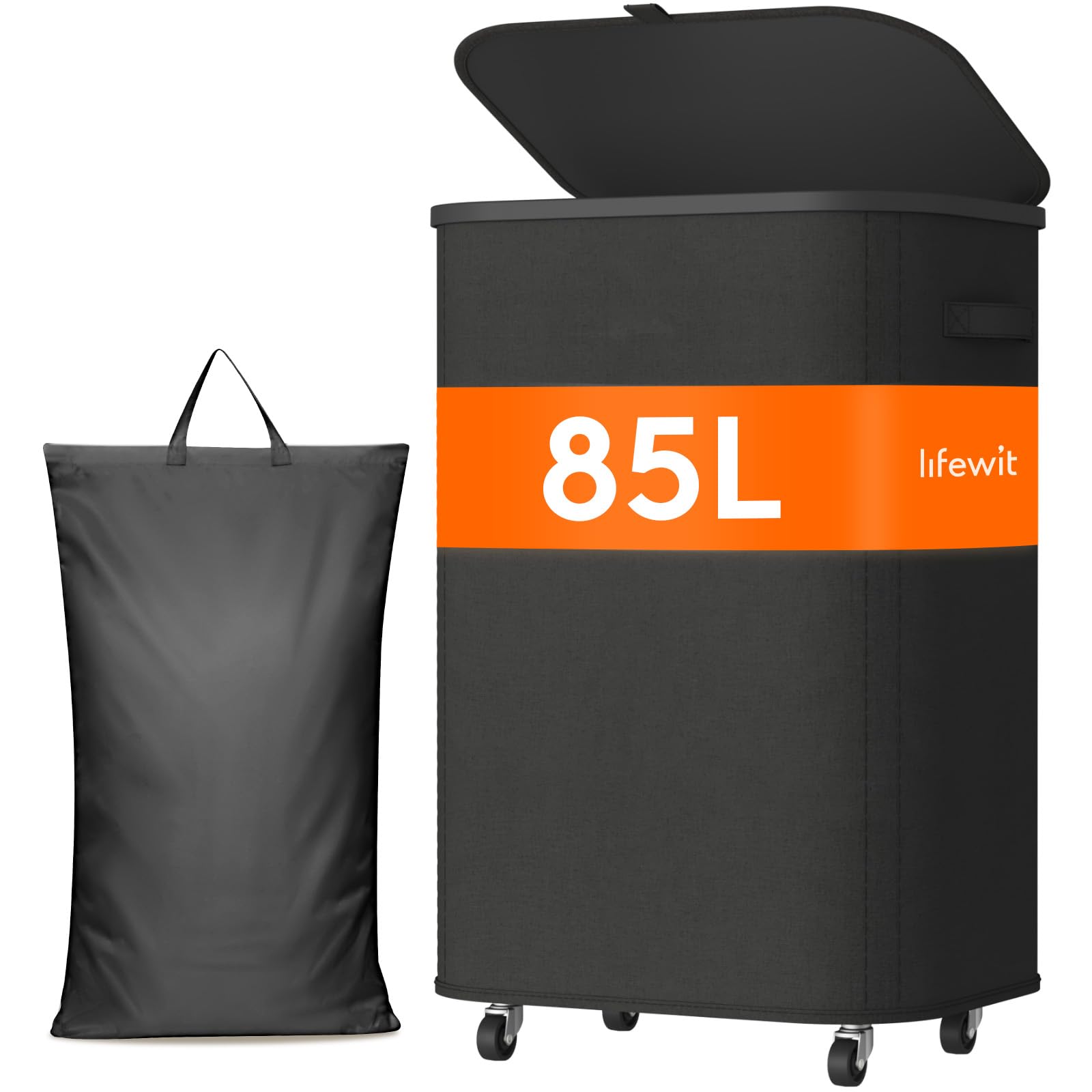Lifewit Kosz na pranie z pokrywką na kółkach, 85L kosz na pranie z plastikowym ramieniem, składany duży kosz sortujący bieliznę, kosz na bieliznę Laundry Baskets do sypialni, łazienki, czarny