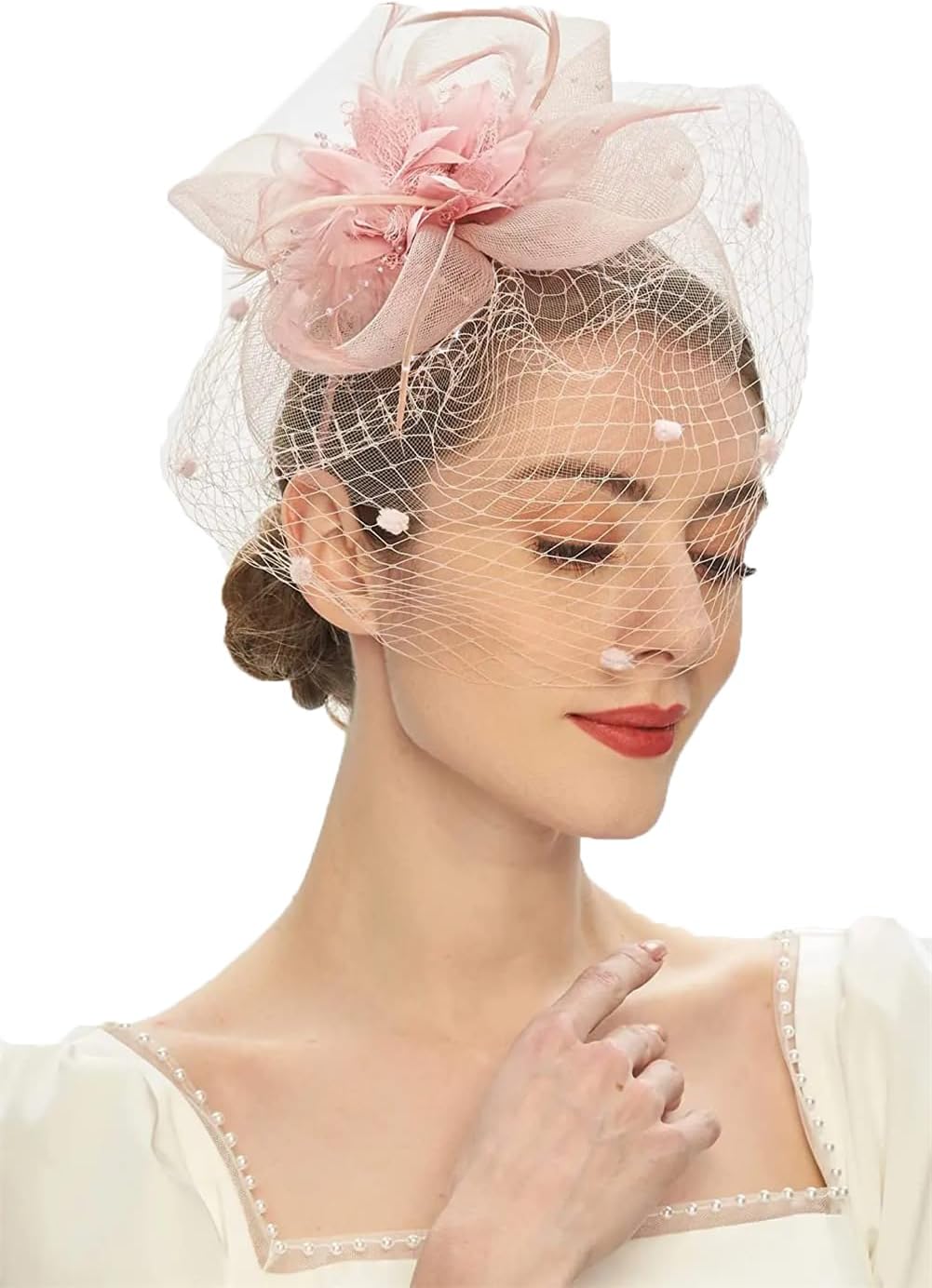 [売店] 女性用ブライダル ファシネーター ハット ティーパーティー ヘッドバンド ハット ウェディング フラワー メッシュ ベール