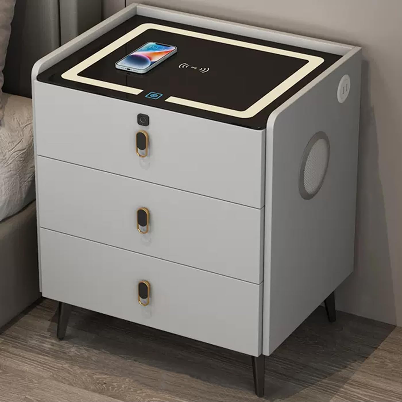BHGFYXBS Nightstand With Charging Station, Modern Bedside Tables With Drawers, Fingerprint Lock, 3-Color Led Lights, Smart End Table For Bedroom