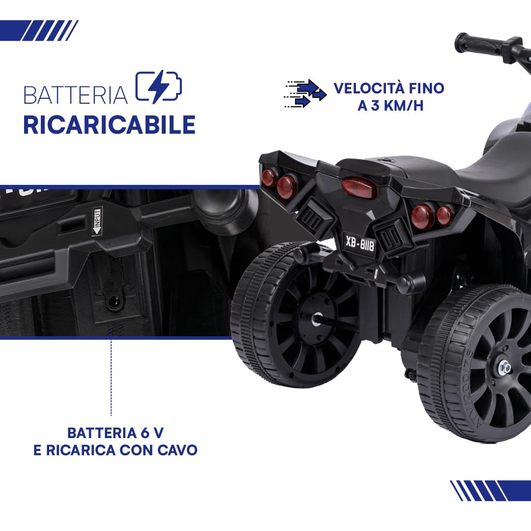Baroni Toys Quad Elettrico per Bambini 1-4 Anni con Manubrio Sterzante, Musica e Luci Funzionanti, Quad con Modalità Avanti/Retro, Batteria 6 V Ricaricabile, Facile da Montare, 70x42x45 cm, Blu