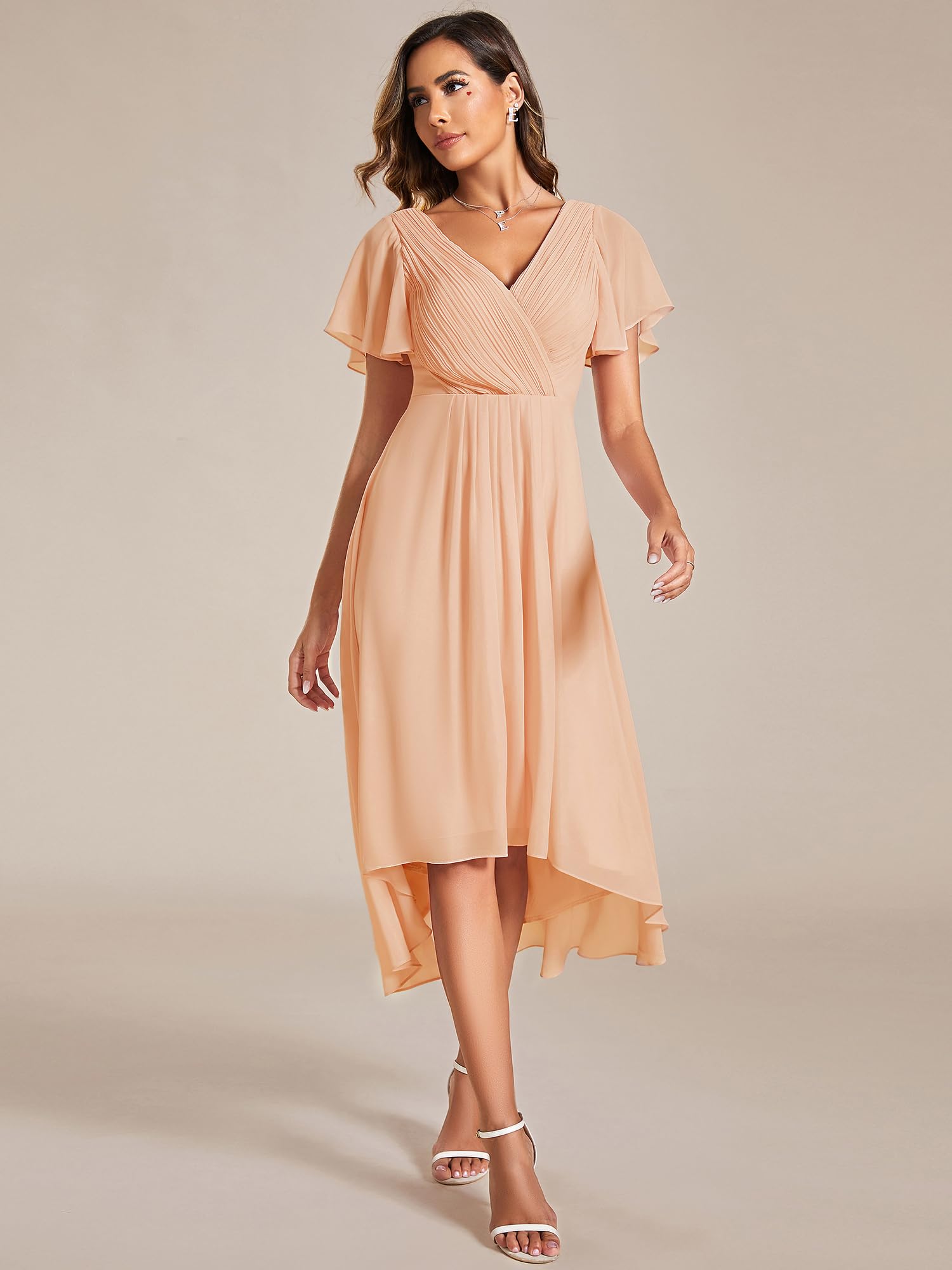 Ever-Pretty Robe trapèze col en V en mousseline de soie manches courtes longueur genou haute taille robes d'invité de mariage pour femmes courbes 01923-DA
