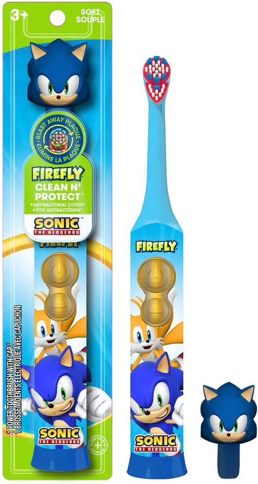 FIREFLY Clean & Protect Sonic The Hedgehog Toothbrush with 3D Hygienic Cover, Premium Soft Bristle, Anti-Slip Grip Handle, Battery Included, For Ages 3 and Up, 1 Piece