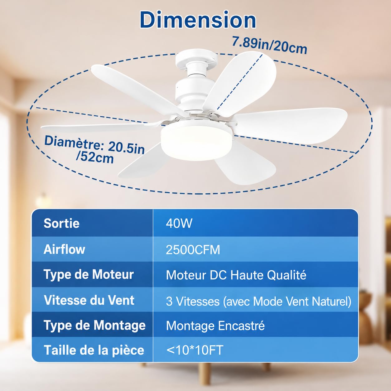 Ventilateur de Plafond avec Lumière et Télécommande, E27 Ventilateur LED Dimmable 40W, 3 Vitesses, 6 Pales, Silencieux, avec Base et Tige d'Extension, Minuterie, pour Chambre Salon Bureau, Blanc 52cm