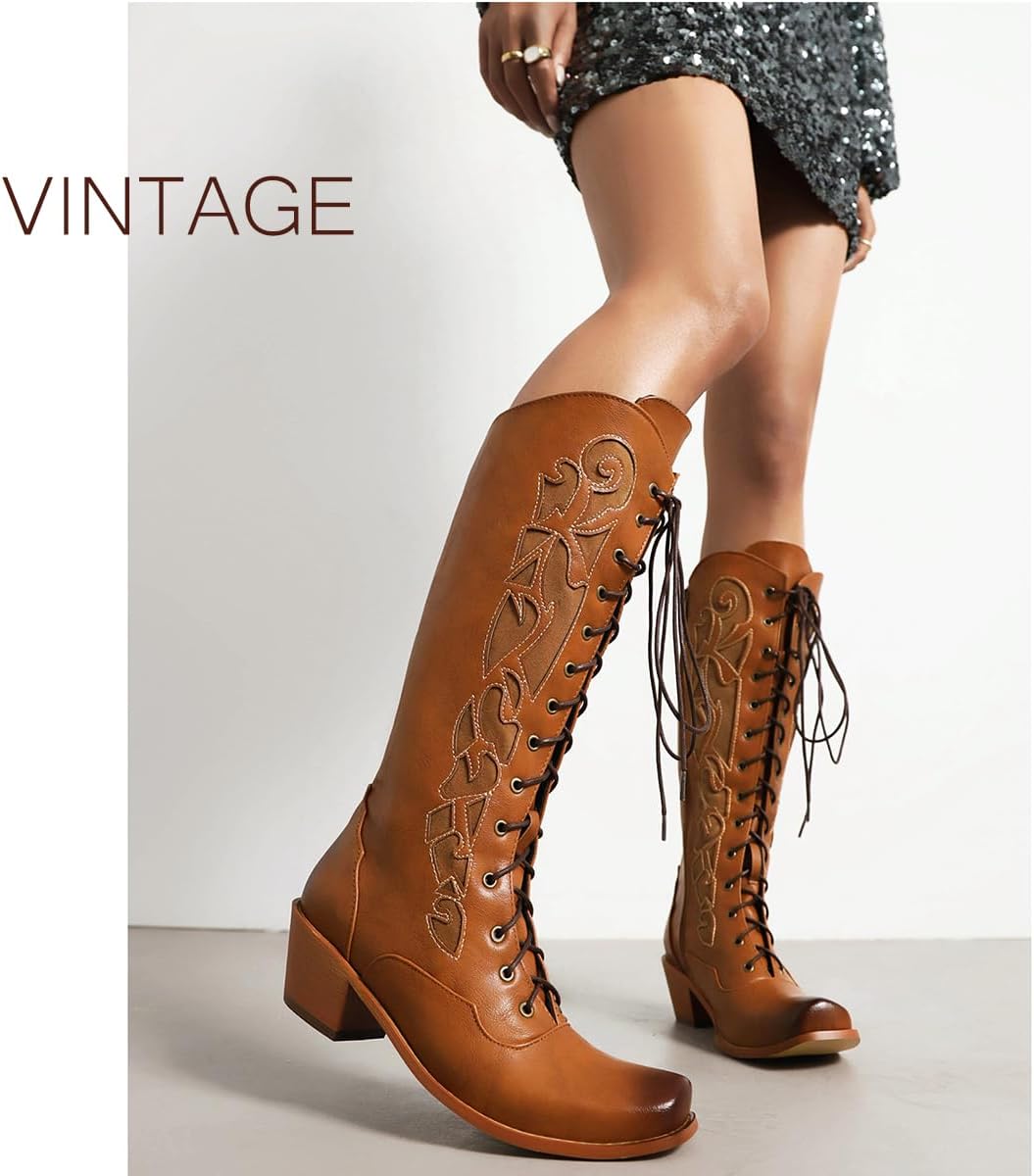 SHODENSE Women Embroidered Western Boots Square Toe Chunky Stacked Heel Cowboy Knee High Boots Lace Up Side Zip Burnished Snip Toe Cowgirl Boots Cutout Patchwork Fall Winter Dressy Vintage 4-10 M US