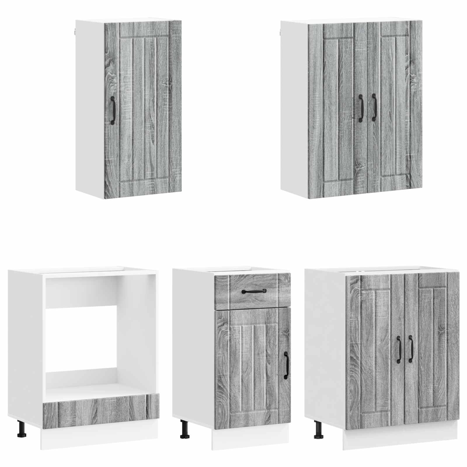 Cucina Lucca 5 pezzi blocco cucina grigio sonoma | Blocco da cucina flessibile per la tua cucina con piedini regolabili e set di armadietti da parete sicuri in legno.