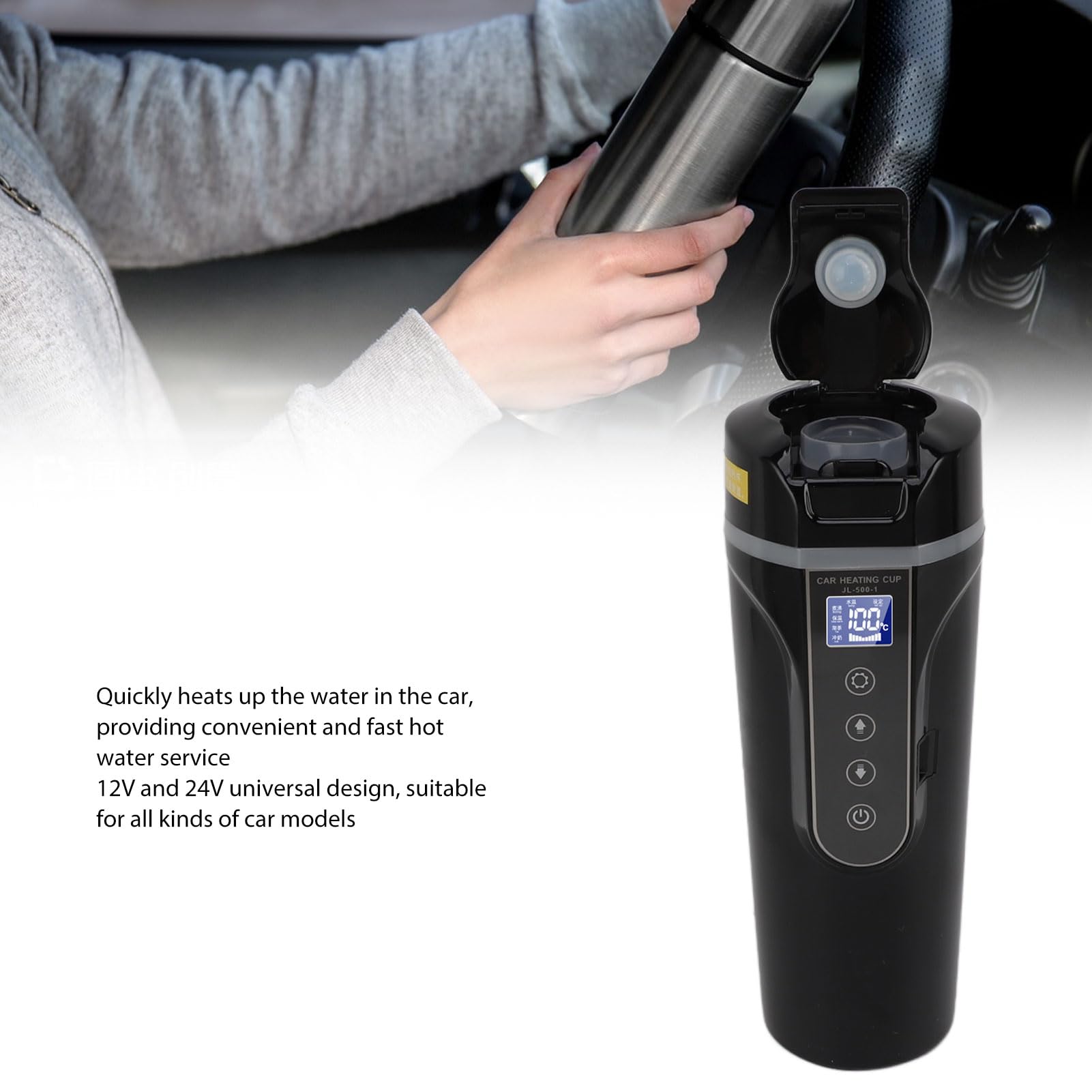 Cryfokt Hervidor Eléctrico para Coche de 500 Ml, Taza Calefactora Portátil Inteligente para Coche para Agua Caliente, Taza de Viaje Universal para de 12 V y 24 V, con Calent (BLACK)