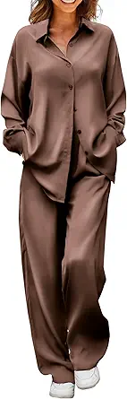 Ekouaer Womens Satin Silky Pajama Set 2 Piece Print PJs Soft Loungewear Button Down Sleepwear with Elastic Waist Long Pants