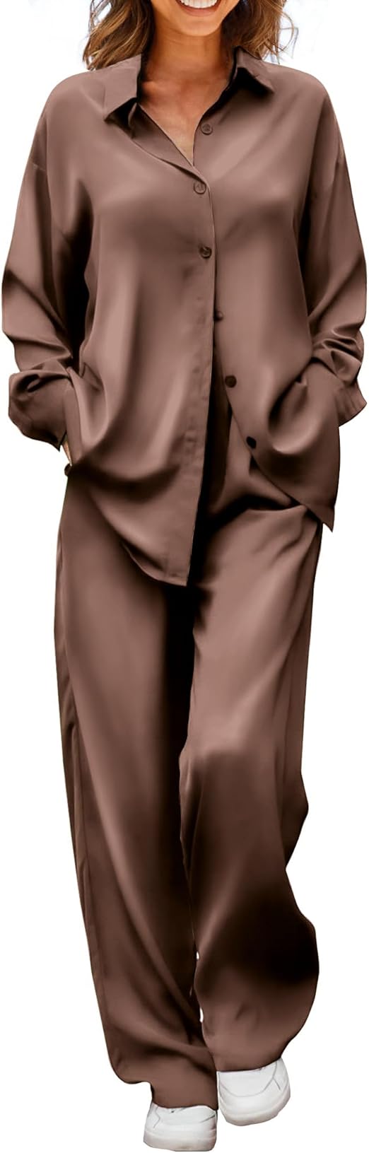 Ekouaer Womens Satin Silky Pajama Set 2 Piece Print PJs Soft Loungewear Button Down Sleepwear with Elastic Waist Long Pants