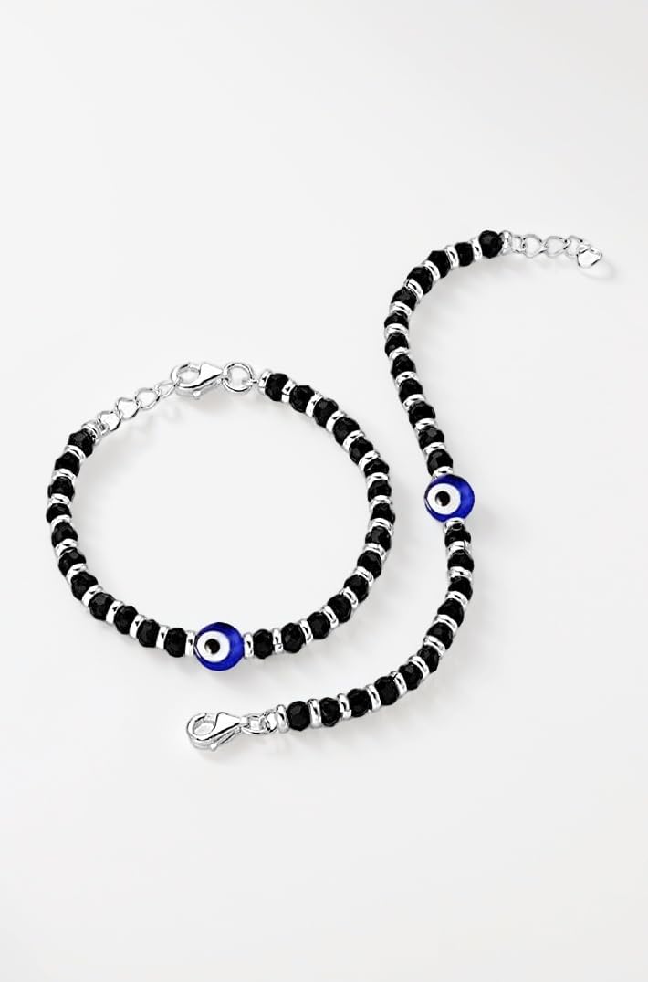 Exclusive German Silver Charm Evil Eye Nazariya Bracelet with Black & Silver Beads (Crystal) for Baby Boys & Girls| Adjustable Protection Bracelet for Newborns & Toddlers (AT KIDS 004)