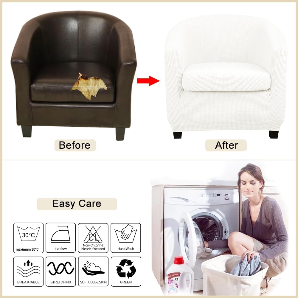 Lellen Club Chair Slipcover with Seat Cushion Cover - Round Tub Chair Slipcovers Barrel Chair Cover Arm Protector Armchair Covers Reusable Stretch Sofa Covers for Living Room Bedroom（White）