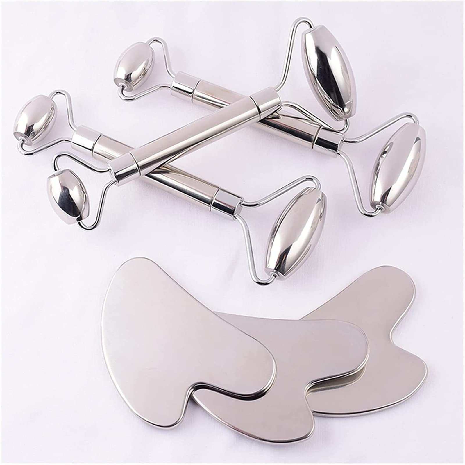 AMAZWI Gua sha Tablero raspador de Acero Inoxidable Rodillo Facial Gua Sha Tool Tool Massaje de Cuidado de la Cara Cristal Jade Rose Quartz Health Anti Wrinkle Celulite Massage Massage Tool Tool