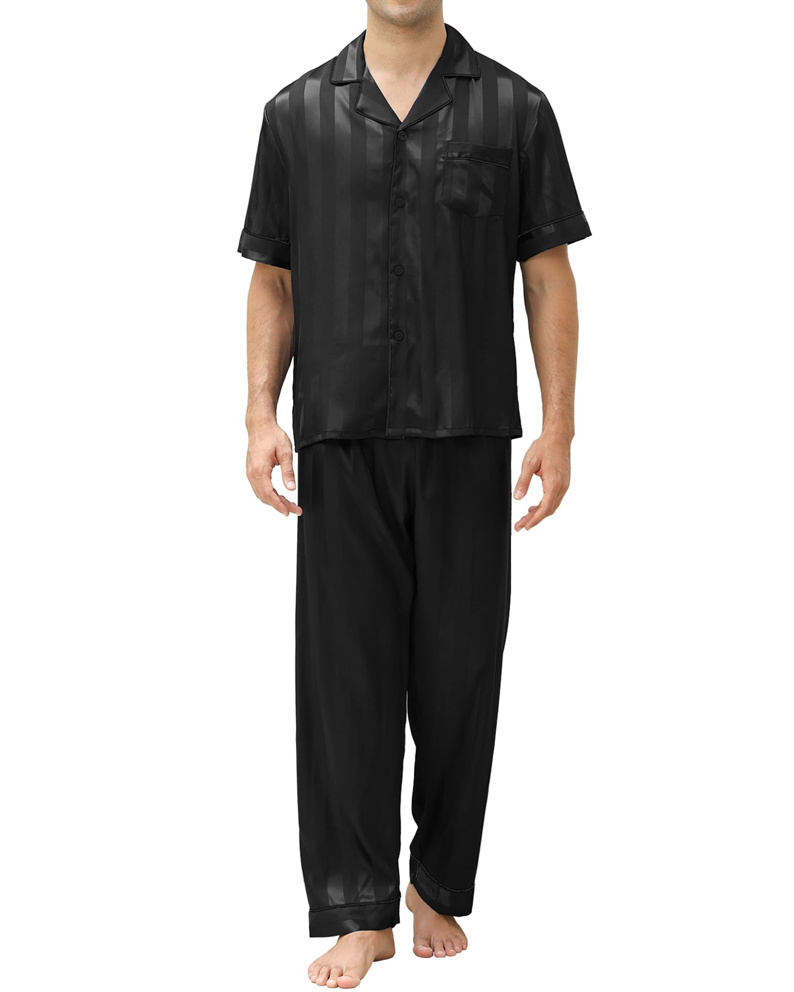 GAESHOW Mens Silk Pajama Set, Short Sleeve Silk Satin Pajamas for Men Soft Mens Loungewear Sets 2 Piece Button Down Pjs Set