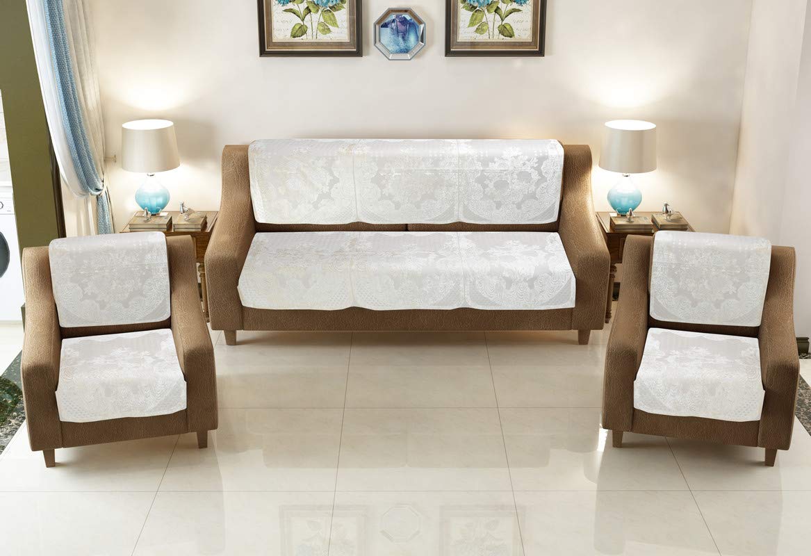 Italian Velvet Embossed Self Abstract Design 5 Seater Sofa Cover (3+1+1) - Cream, Standard-image-14