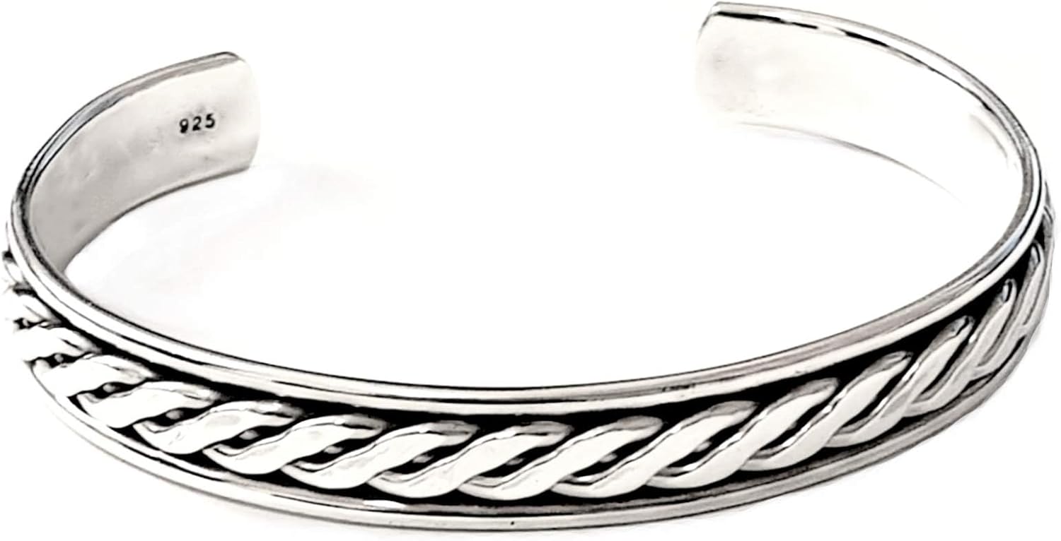 Men's 925 Sterling Silver Bangle Bracelet - 9mm Braided Solid Silver Cuff Bangle Wristband for Men