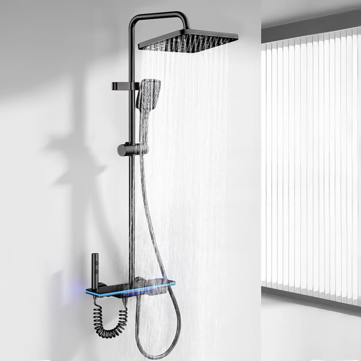 Deszczownica z armaturą, system prysznicowy z deszczownicą 30 x 20 cm, prysznic ręczny, ukryty wlot wanny, cyfrowy wyświetlacz LED, regulowana wysokość i pistolet prysznicowy do łazienki