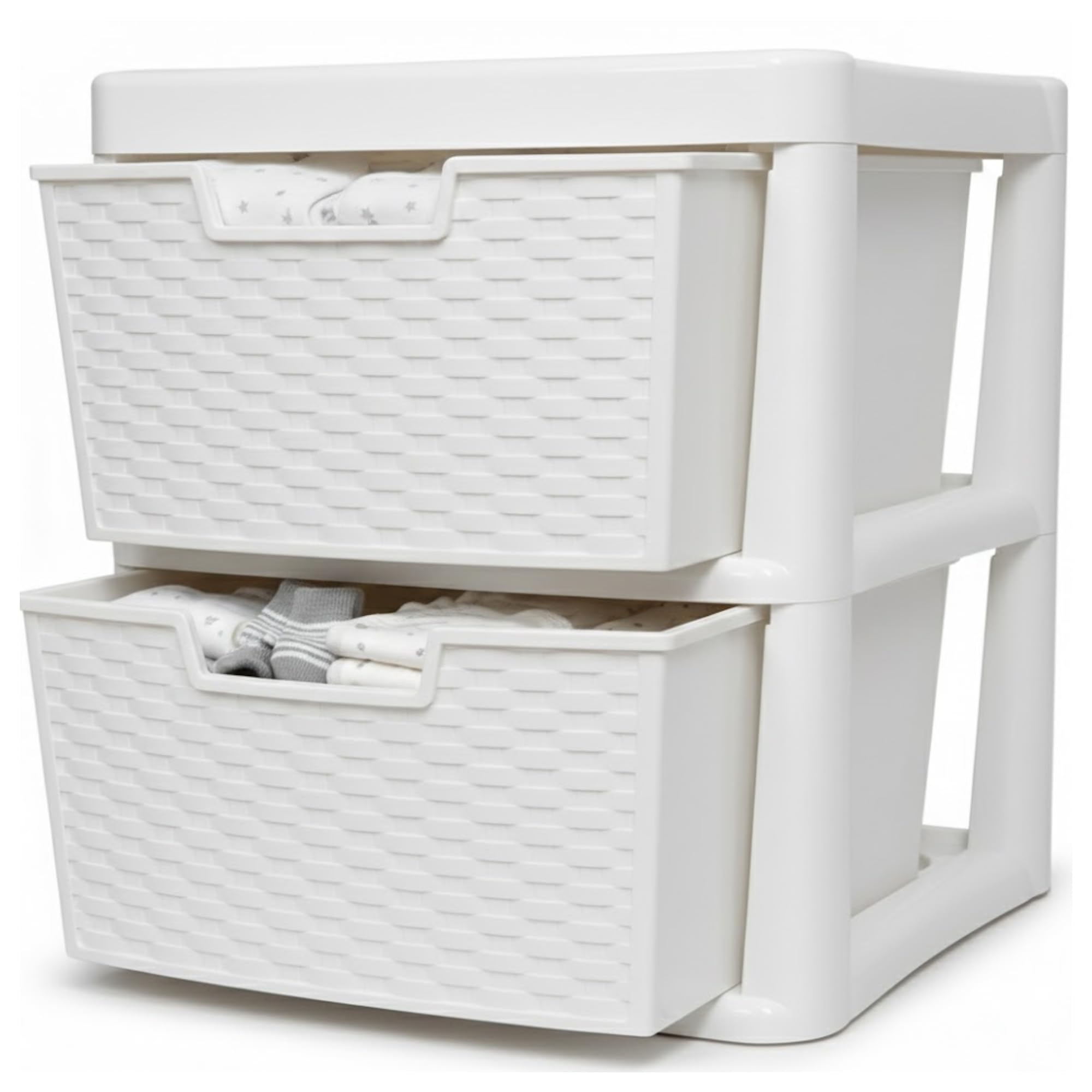 SIDSONS - Large Plastic Rattan Drawer Storage Unit for Home Bedroom Bathroom Kitchen Organiser Stackable Drawers Durable Storage Solution Space Saver and Easy Access Storage - (Rattan White, 2 Tier)