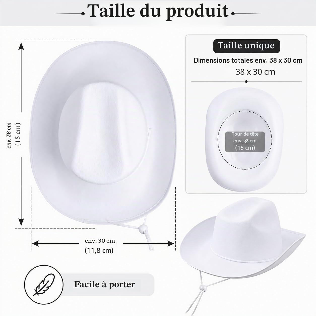 LYCN Lot de 6 chapeaux de cowboy blancs pour homme et femme - Chapeaux de cowgirl occidentaux en feutre avec cordon de serrage réglable au niveau du cou - Pour adolescents, adultes, fêtes, cosplay