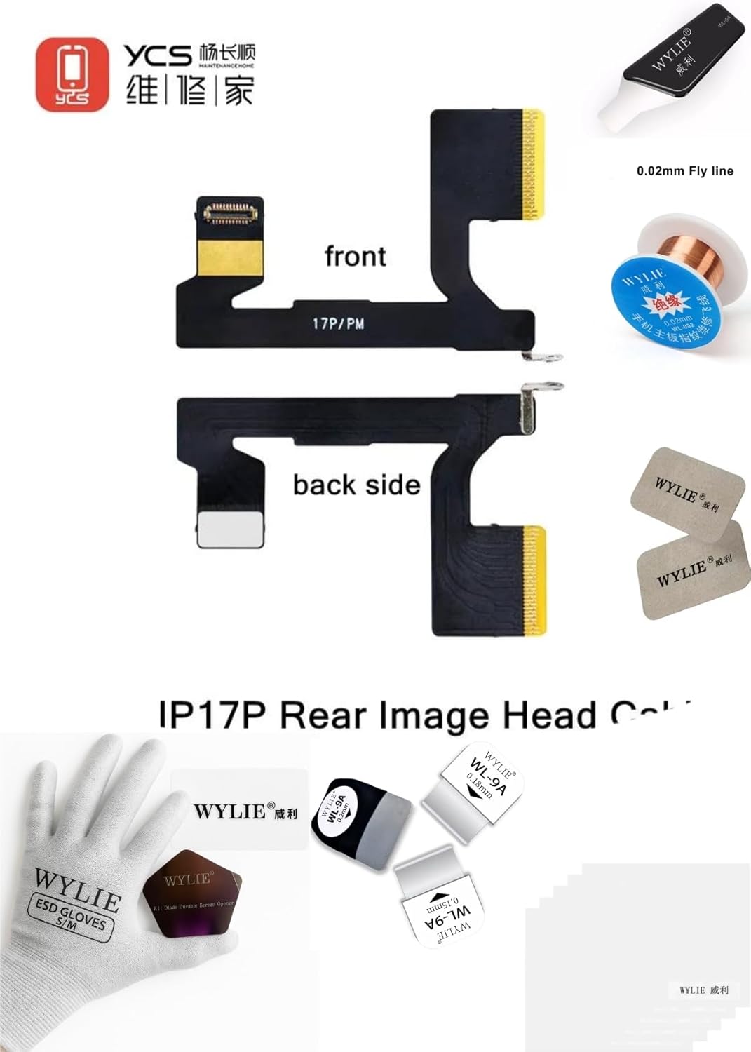 WYLIE YCS Rear Camera Flex Cable for iPhone 17 Pro/17 Pro Max Professional Repair Replacement Parts with Screen Opener ESD Gloves 0.02mm Fly Line Black Tools 10 Pack