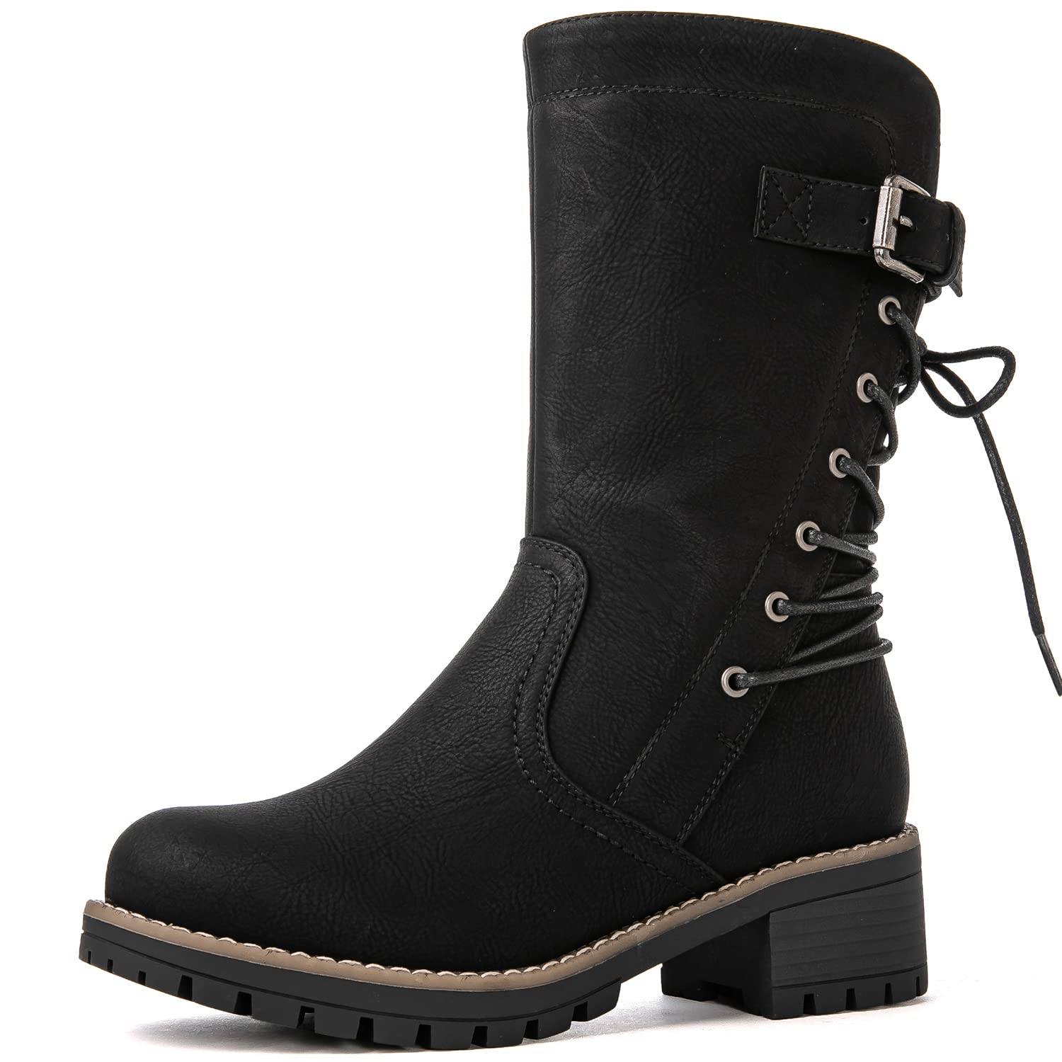 GLOBALWIN Women's Biker Boots Lace up Mid Calf Motorcycle Fashion