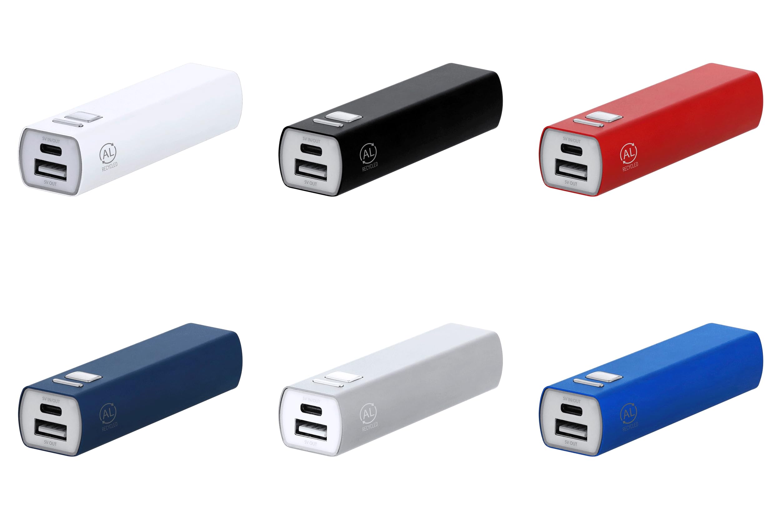 Lote de 10 Power Bank en Aluminio Reciclado. Capacidad de Carga 2600 MAh, con Cable Tipo C Incluido. con botón ON/Off.