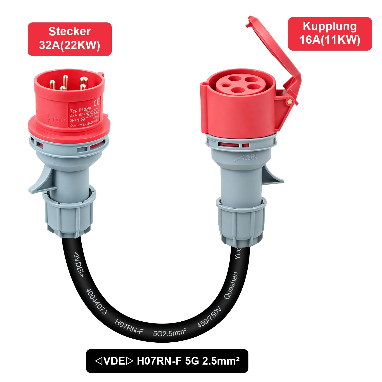 Adapter 32A a 16A, CEE Adapter 32A Stecker auf 16A Kupplung, Starkstrom Adapter 3 Fases con VED 0,5m, Núcleo de cobre 5x2,5mm², 415V máx, IP44 para industria, hogar y carga de vehículos eléctricos
