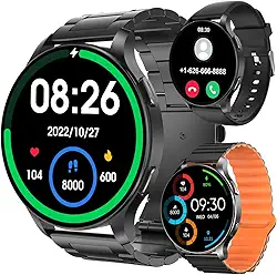 Smartwatch com Tela Full Touch 1.45', IP68, Compatível com iOS e Android, 120+ Modos Esportivos e Recebimento de Notificações, Faz e Recebe Ligações, Assistente de Voz, Unissex, 3 Pulseiras (Preto)