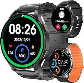 Smartwatch com Tela Full Touch 1.45', IP68, Compatível com iOS e Android, 120+ Modos Esportivos e Recebimento de Notificações, Faz e Recebe Ligações, Assistente de Voz, Unissex, 3 Pulseiras (Preto)