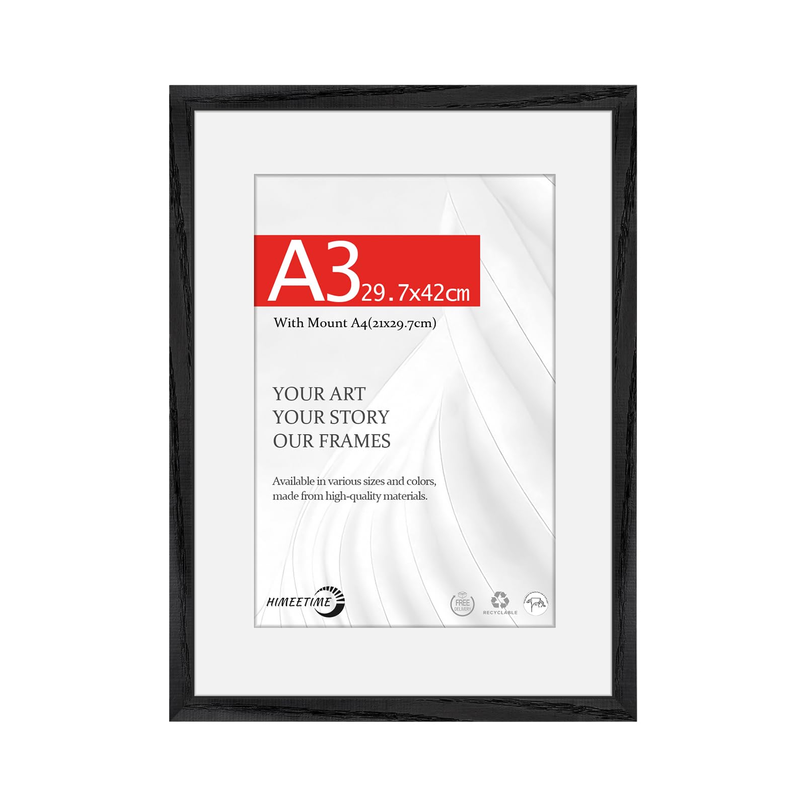 HIMEETIME® 1x Picture Frames DIN A3 29.7x42 cm – Black Obeche Wood,Includes 21x30 cm Mat,Certificate Frame 30x42 cm with Shatterproof Acrylic Glass,Solid Wood Poster Frame