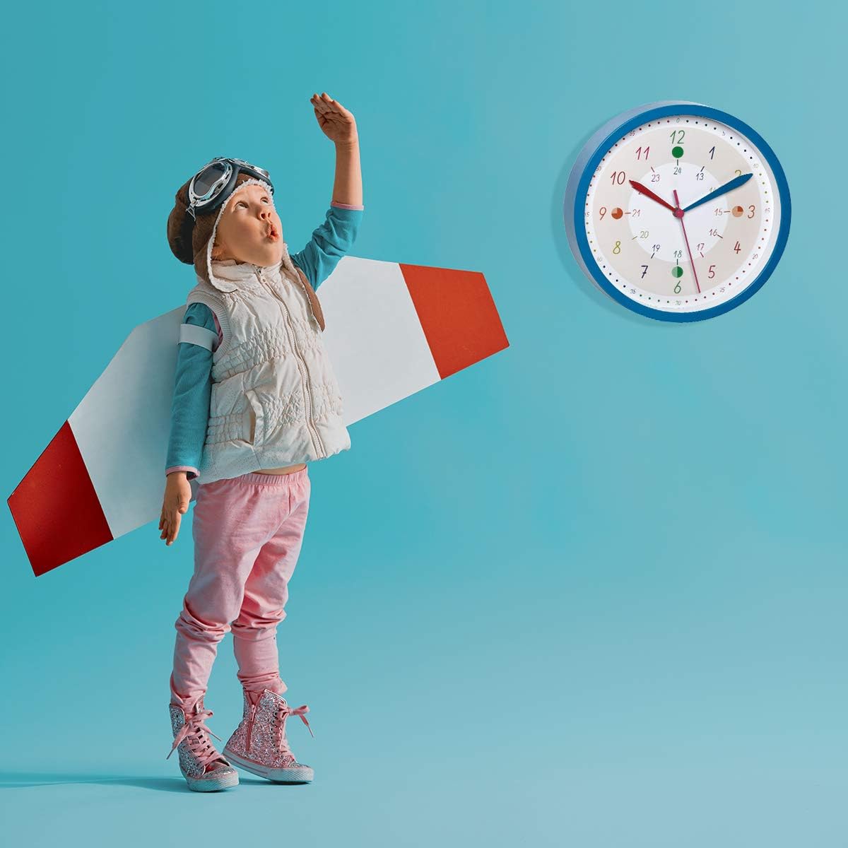 TFA Dostmann 60.3058.06.90 Children's Analogue Wall Clock Tick & Tack for Girls and Boys Colourful Learning Time with Markings Colourful Plastic Glass Blue L310 x W50 x H340 mm - Image 4